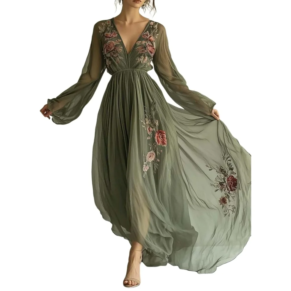 Elegant Olive Green Faux Embroidered Gown - Picture 2 of 3